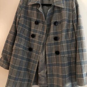 Banana Republic Blue and Gray Plaid Pea Coat - Good Condition Missing 1 Button